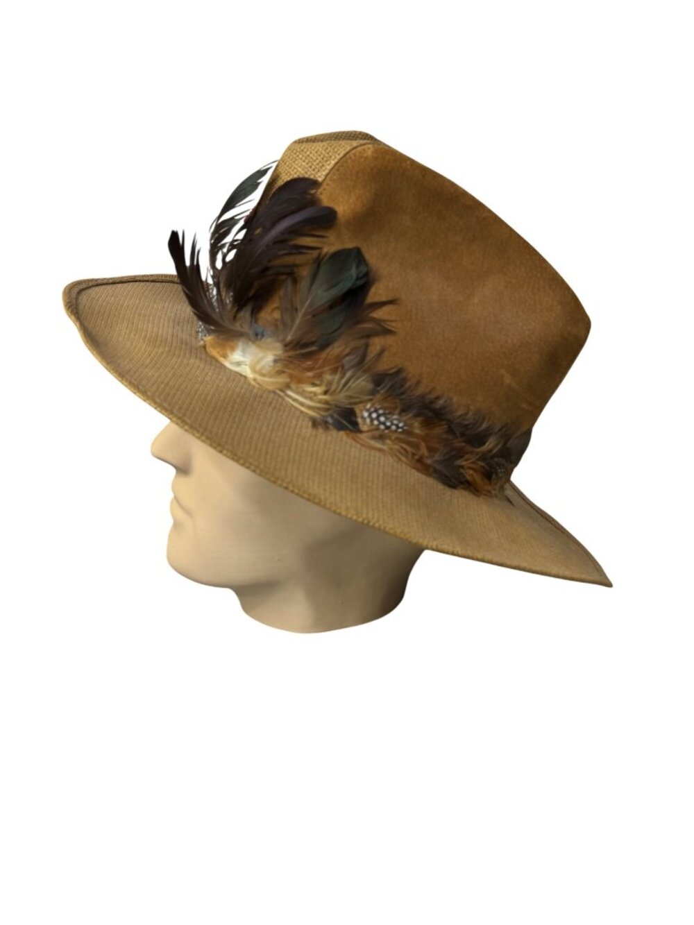 Wolverine Western Feather Trimmed Straw Hat Large 7 1/2 Guinea Turkey Cowboy